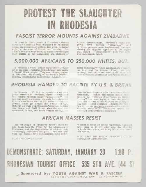 Flyer advertising a protest against slaughter in Rhodesia, January 29, 1972. Creator: Unknown.
