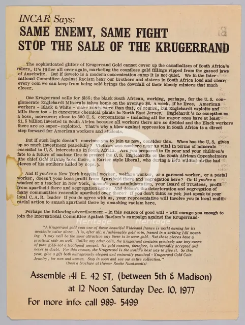 Flyer advertising a protest against the sale of the Krugerrand, 1977. Creator: Unknown.