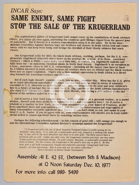 Flyer advertising a protest against the sale of the Krugerrand, 1977. Creator: Unknown.