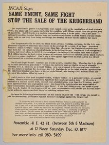 Flyer advertising a protest against the sale of the Krugerrand, 1977. Creator: Unknown