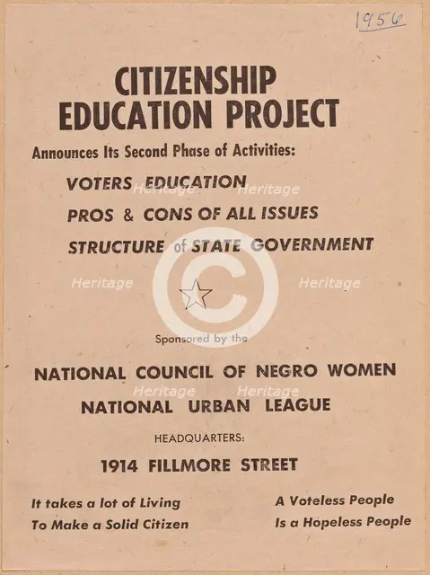 Flyer promoting the second phase of the NCNW's Citizenship Education Project, 1956. Creator: Unknown.