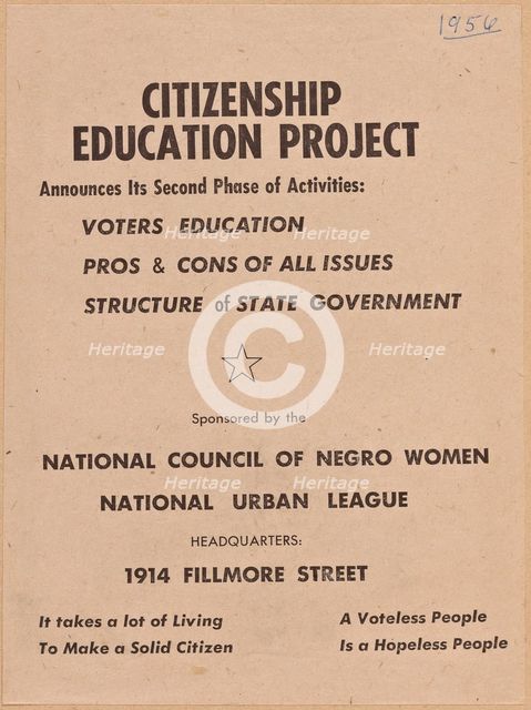 Flyer promoting the second phase of the NCNW's Citizenship Education Project, 1956. Creator: Unknown.
