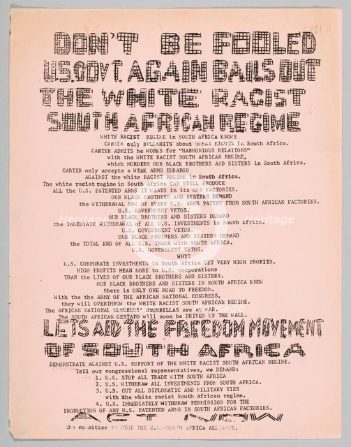 Flyer urging people to tell Congress to end trade with South Africa, 1970s. Creator: Unknown.
