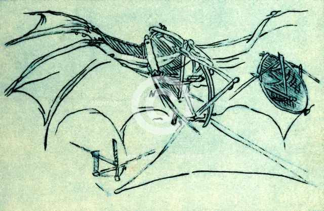 Flying machine designed by Leonardo da Vinci, c1485, (1932). Creator: Unknown.