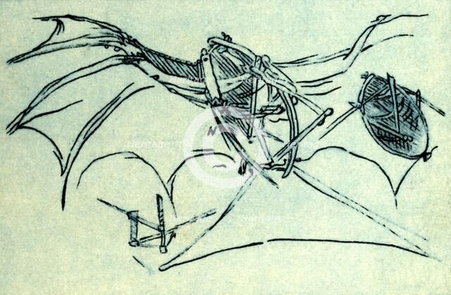 Flying machine designed by Leonardo da Vinci, c1485, (1932). Creator: Unknown.