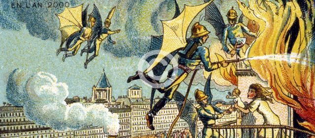 Flying Fireman. From the series Visions of the Year 2000, 1899. Artist: Côté, Jean-Marc (active End of 19th cen.)