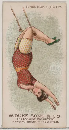 Flying Trapeze Leg Fly, from the Gymnastic Exercises series (N77) for Duke brand cigarette..., 1887. Creator: Unknown