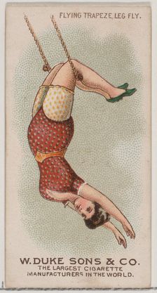 Flying Trapeze Leg Fly, from the Gymnastic Exercises series (N77) for Duke brand cigarette..., 1887. Creator: Unknown