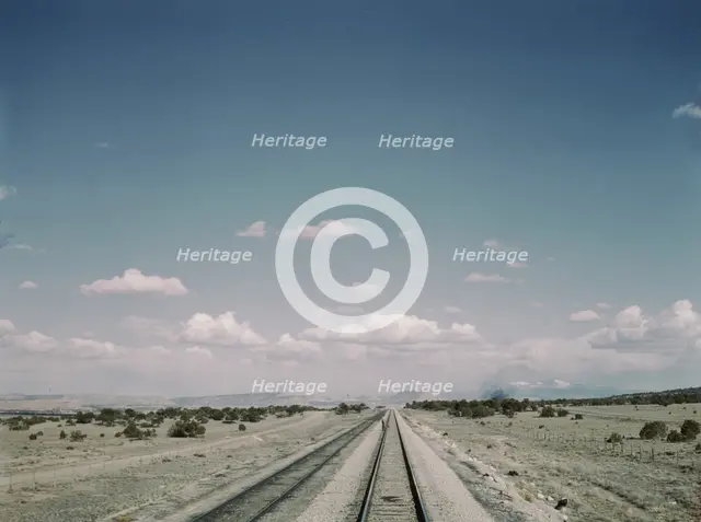 Flagman standing behind his train to flag oncoming trains at a small siding..., New Mexico, 1943. Creator: Jack Delano.