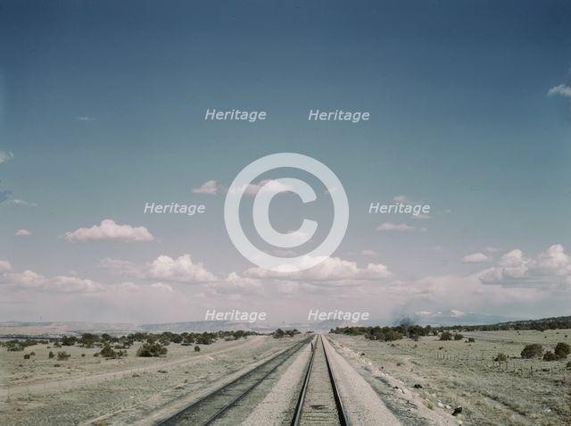 Flagman standing behind his train to flag oncoming trains at a small siding..., New Mexico, 1943. Creator: Jack Delano.