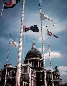 Flags outside St Paul's Cathedral, Coronation of Elizabeth II, 1953. Creator: Arthur Charles Kirby Ware