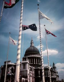 Flags outside St Paul's Cathedral, Coronation of Elizabeth II, 1953. Creator: Arthur Charles Kirby Ware