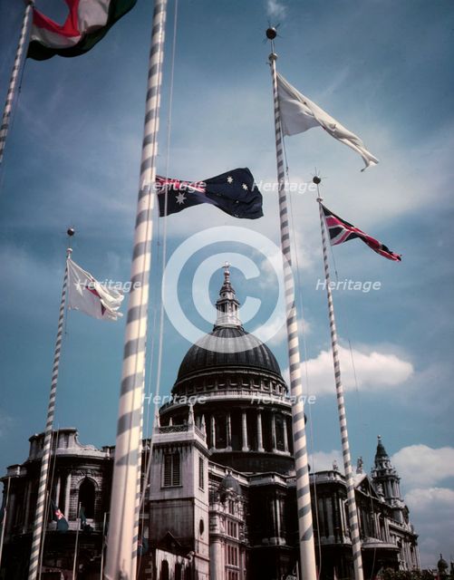 Flags outside St Paul's Cathedral, Coronation of Elizabeth II, 1953. Creator: Arthur Charles Kirby Ware.