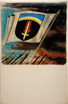 Flag, with flaming sword on shield motif, between 1939 and 1946. Creators: Unknown, Central Office of Information