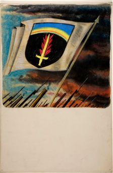 Flag, with flaming sword on shield motif, between 1939 and 1946. Creators: Unknown, Central Office of Information