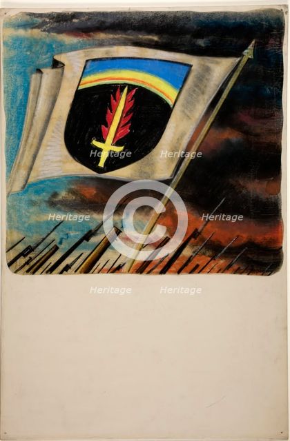 Flag, with flaming sword on shield motif, between 1939 and 1946. Creators: Unknown, Central Office of Information.