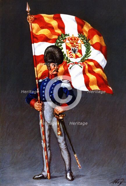 Flag bearer from the canton of Neuchatel, c. 1815. Color engraving from 1943, published by Editio…