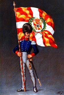 Flag bearer from the canton of Neuchatel, c. 1815. Color engraving from 1943, published by Editio…