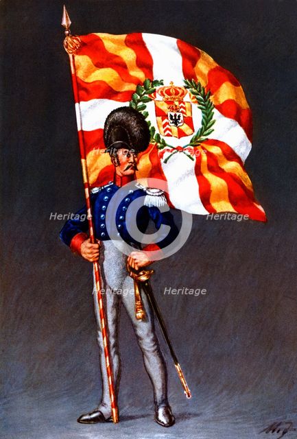 Flag bearer from the canton of Neuchatel, c. 1815. Color engraving from 1943, published by Editio…