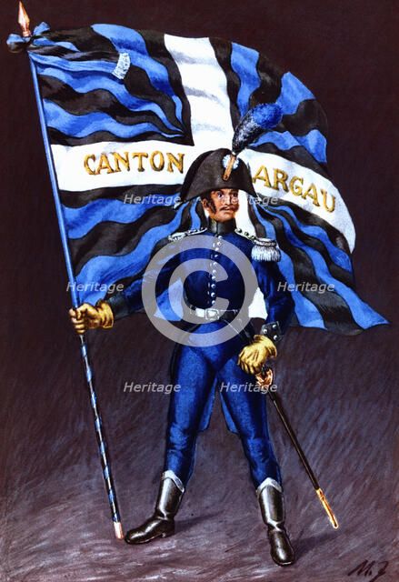 Flag bearer from the canton of Argovie, c. 1805. Color engraving from 1943, published by Editions…