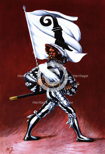 Flag bearer from the canton of Bâle, c. 1520. Color engraving from 1943, published by Editions Fr…