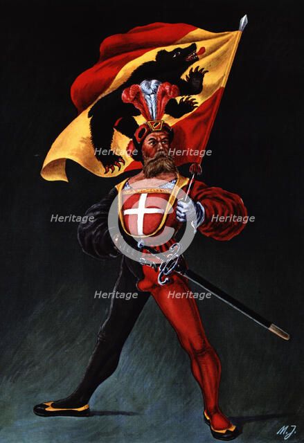 Flag bearer from the canton of Berna, c. 1510. Color engraving from 1943, published by Editions F…