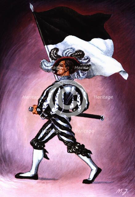 Flag bearer from the canton of Fribourg, c. 1500. Color engraving from 1943, published by Edition…