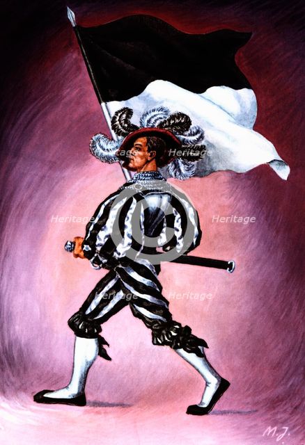 Flag bearer from the canton of Fribourg, c. 1500. Color engraving from 1943, published by Edition…