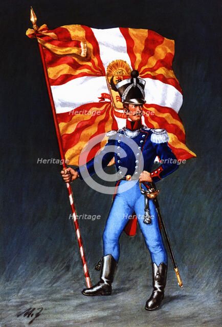 Flag bearer from the canton of Genève, c. 1815. Color engraving from 1943, published by Editions …