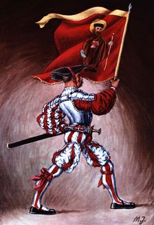 Flag bearer from the canton of Glaris, c. 1510. Color engraving from 1943, published by Editions …