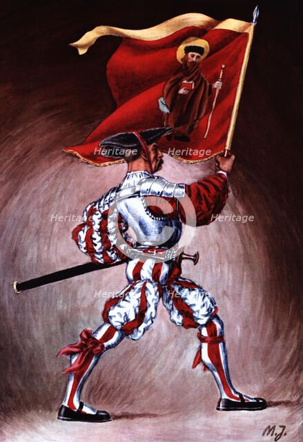 Flag bearer from the canton of Glaris, c. 1510. Color engraving from 1943, published by Editions …