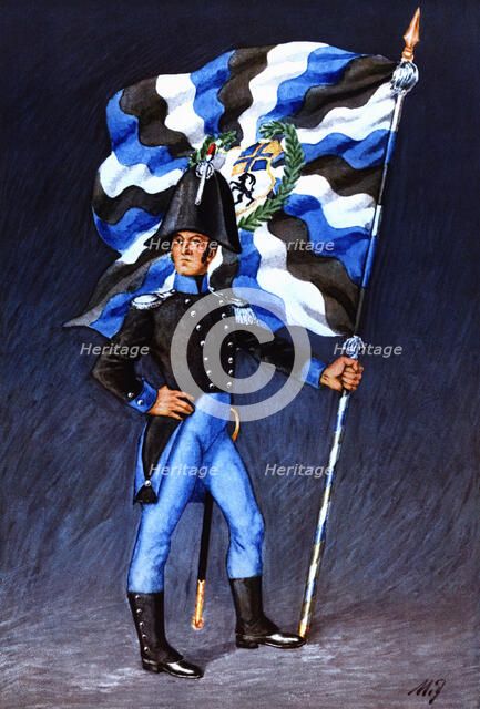 Flag bearer from the canton of Grisons, c. 1809. Color engraving from 1943, published by Editions…
