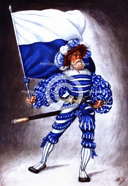 Flag bearer from the canton of Lucerna, c. 1510. Color engraving from 1943, published by Editions…