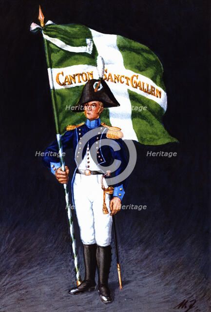 Flag bearer from the canton of Saint-Gall, c. 1804. Color engraving from 1943, published by Editi…