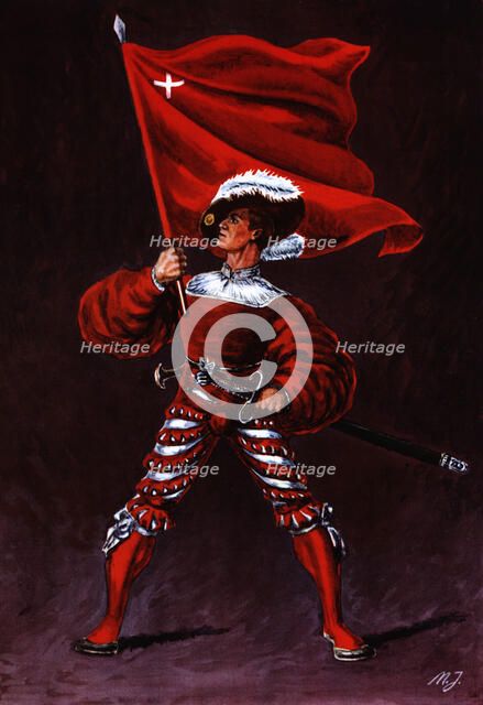 Flag bearer from the canton of Schwytz, c. 1510. Color engraving from 1943, published by Editions…