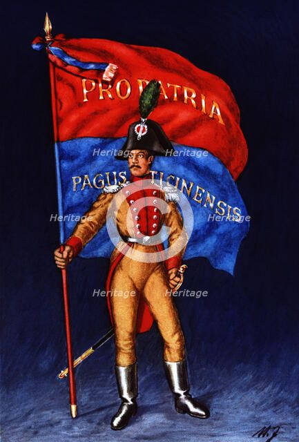 Flag bearer from the canton of Tessin, c. 1809. Color engraving from 1943, published by Editions …