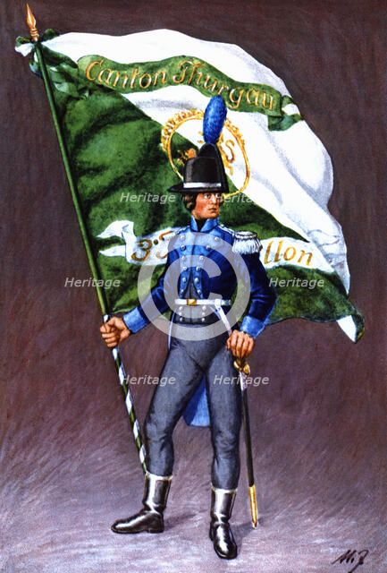 Flag bearer from the canton of Thurgovie, c. 1805. Color engraving from 1943, published by Editio…