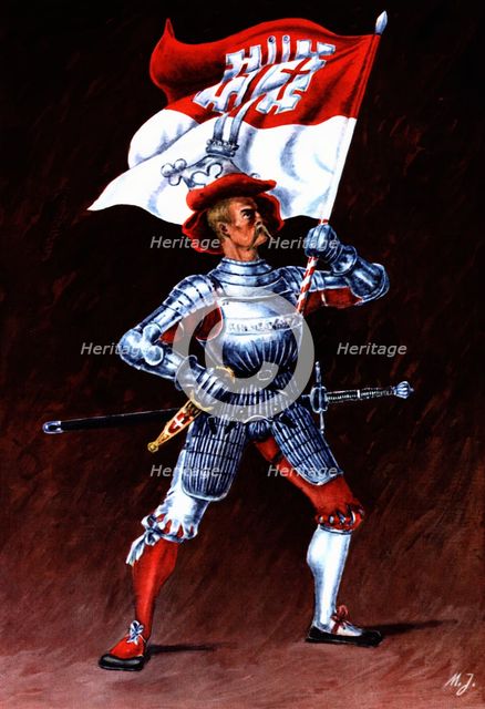 Flag bearer from the canton of Unterwald, c. 1510. Color engraving from 1943, published by Editio…