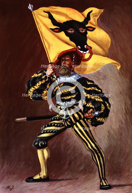 Flag bearer from the canton of Uri, c. 1510. Color engraving from 1943, published by Editions Fra…