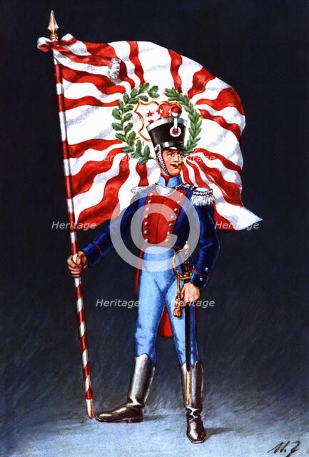 Flag bearer from the canton of Valais, c. 1819. Color engraving from 1943, published by Editions …