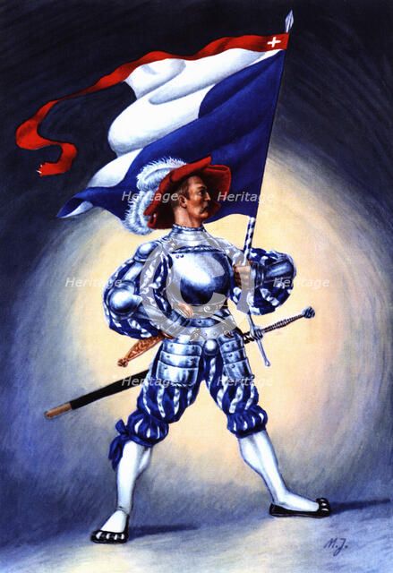 Flag bearer from the canton of Zurich, c. 1510. Color engraving from 1943, published by Editions …