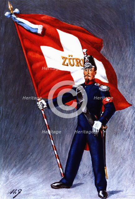 Flag bearer from the canton of Zurich, c. 1852. Color engraving from 1943, published by Editions …
