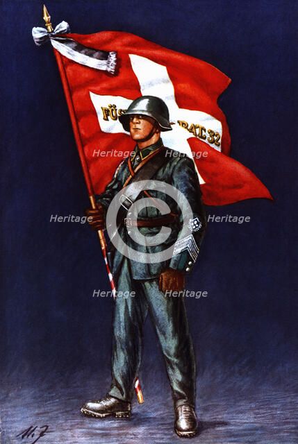 Flag bearer from an army battalion, c, 1940. Color engraving from 1943, published by Editions Fra…