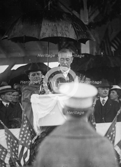 Flag Day - Wilson Making Address in Rain. Lansing 2nd from Right, 1917. Creator: Harris & Ewing.