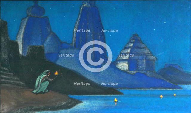 Flame of Happiness (Lights on the Ganges), 1947. Artist: Roerich, Nicholas (1874-1947)