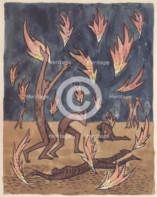 Flames raining down, 1951. Creator: Shirley Markham.