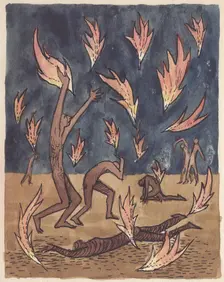 Flames raining down, 1951. Creator: Shirley Markham