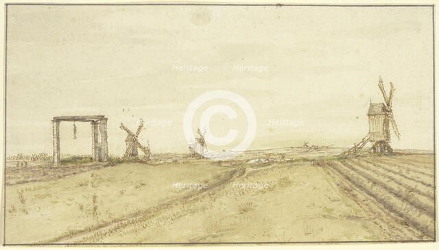 Flat landscape with windmills and gallows. Creator: Gillis Neyts.