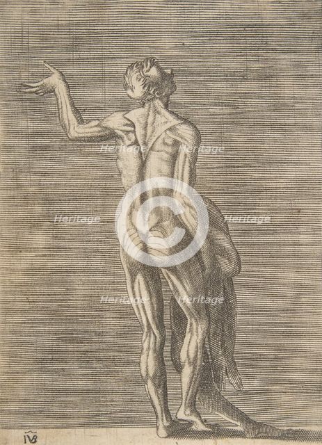 Flayed man with left hand on hip, holding skin in right hand, ca. 1531-76. Creator: Giulio Bonasone.