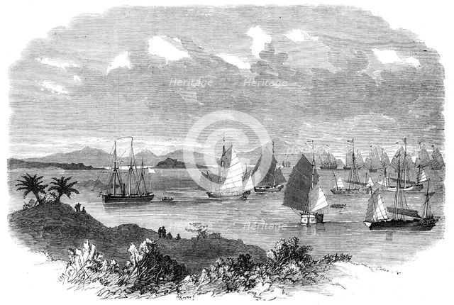 Fleet of Chinese junks, with H.M.S. Opossum, preparing to attack pirates at How-Chow, 1865. Creator: Unknown.